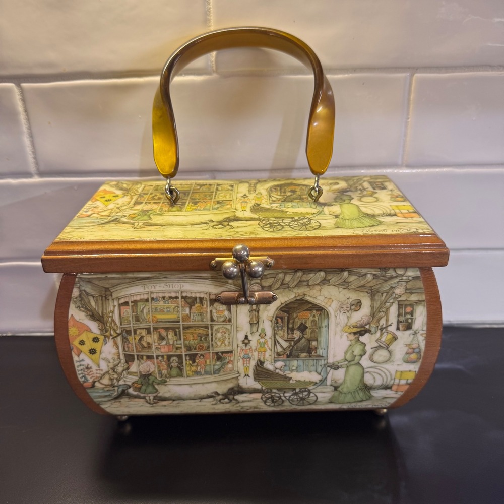 Anton Pieck Wooden Cigar Box Purse Women Small Brown Victorian Toy Shop Lucite